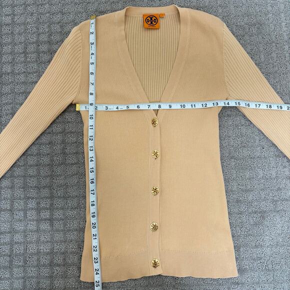 Tory Burch Simone Cardigan Gold Small V-neck Button Front Ribbed Cuffed Sleeves - Picture 2 of 7